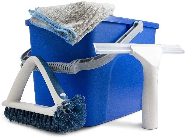 Unger Bathroom Cleaning Kit with 2-in-1 Grout and Corner Scrubber, 12" Shower Squeegee, 2 Microfiber Cloths, and Bucket