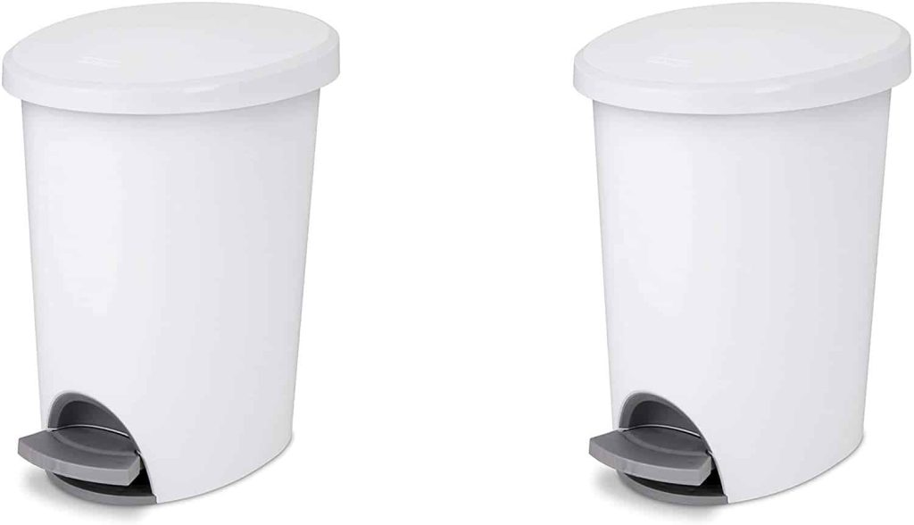 Sterilite 10818002 2.6 Gallon/9.8 Liter Ultra StepOn Wastebasket, White Lid & Base w/ Titanium Pedal & Liner, 2-Pack