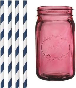 Dress My Cupcake Pink Vintage Jardin Mason Jar with Navy Blue Striped Straws, 32-Ounce