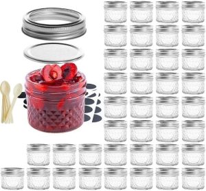 SXUDA Mason Jar BPA-Free 4oz Mini Canning Jars with Regular Lids and Bands Jelly Jars for Jam, Honey, Wedding Favors, Shower Favors, Baby Foods, DIY Magnetic Spice Jars, 40 PACK