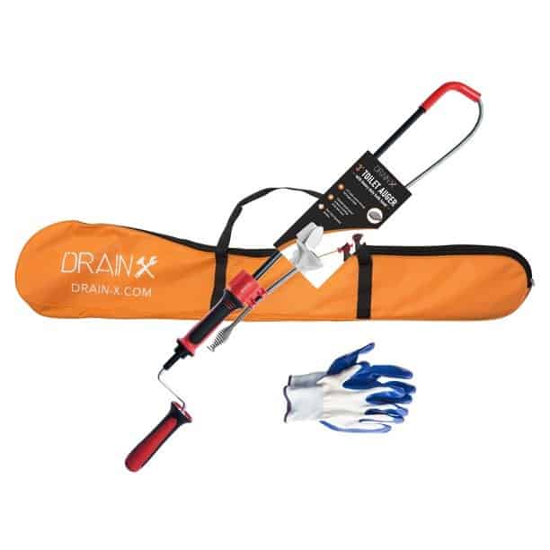 DrainX Toilet Auger Bulbhead Drain Snake with Drill Attachment, 3 FT Cable, Includes Gloves and Storage Bag