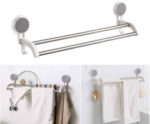 19" Bath Double Towel Bar with Hooks - Stainless Steel Tube Bathroom Towel Holder, No Drill Wall Mount Towel Rack