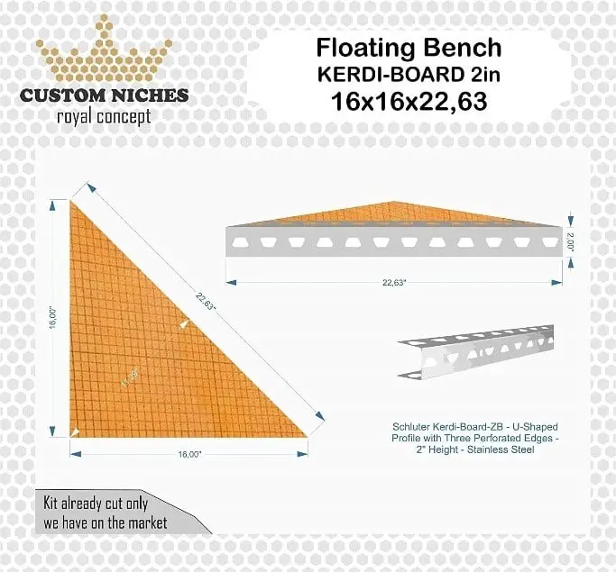 Shower Floating Bench - Schluter Kerdi-Board 2" - 16x16- with Stainless Steel