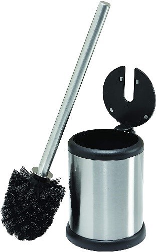 Bath Bliss Toilet Bowl Brush and Holder with Self Closing Lid, Space Saver, Deep Cleaning, Finger Print Proof Finish, 4.5" Round by 15.4" high, Stainless Steel