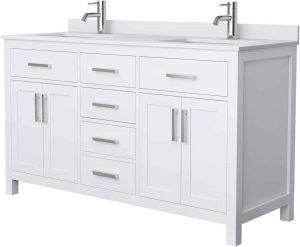 Beckett 60 Inch Double Bathroom Vanity in White, White Cultured Marble Countertop, Undermount Square Sinks, No Mirror